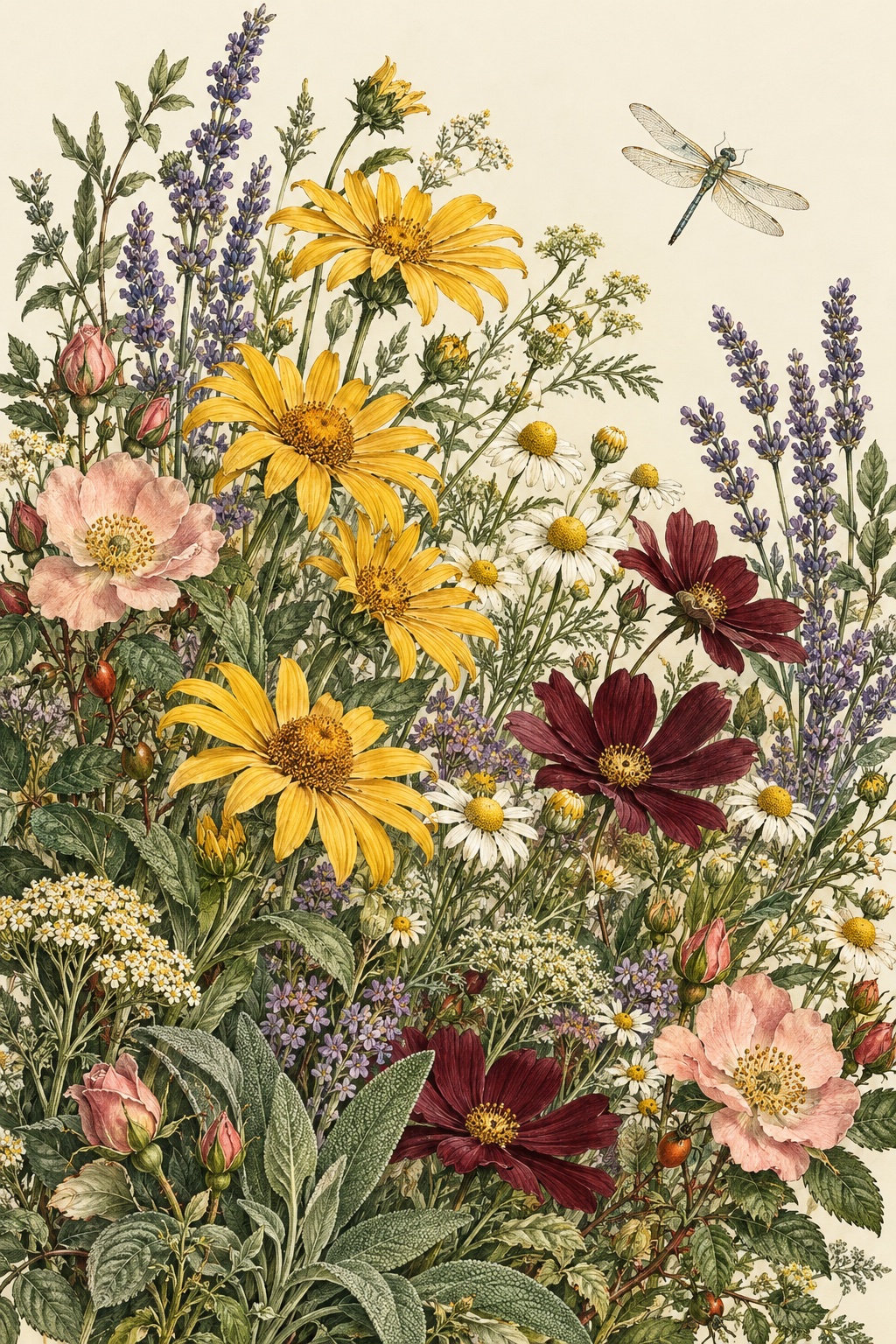 Vintage botanical illustration of golden daisies, lavender, pink roses, burgundy flowers, and a dragonfly